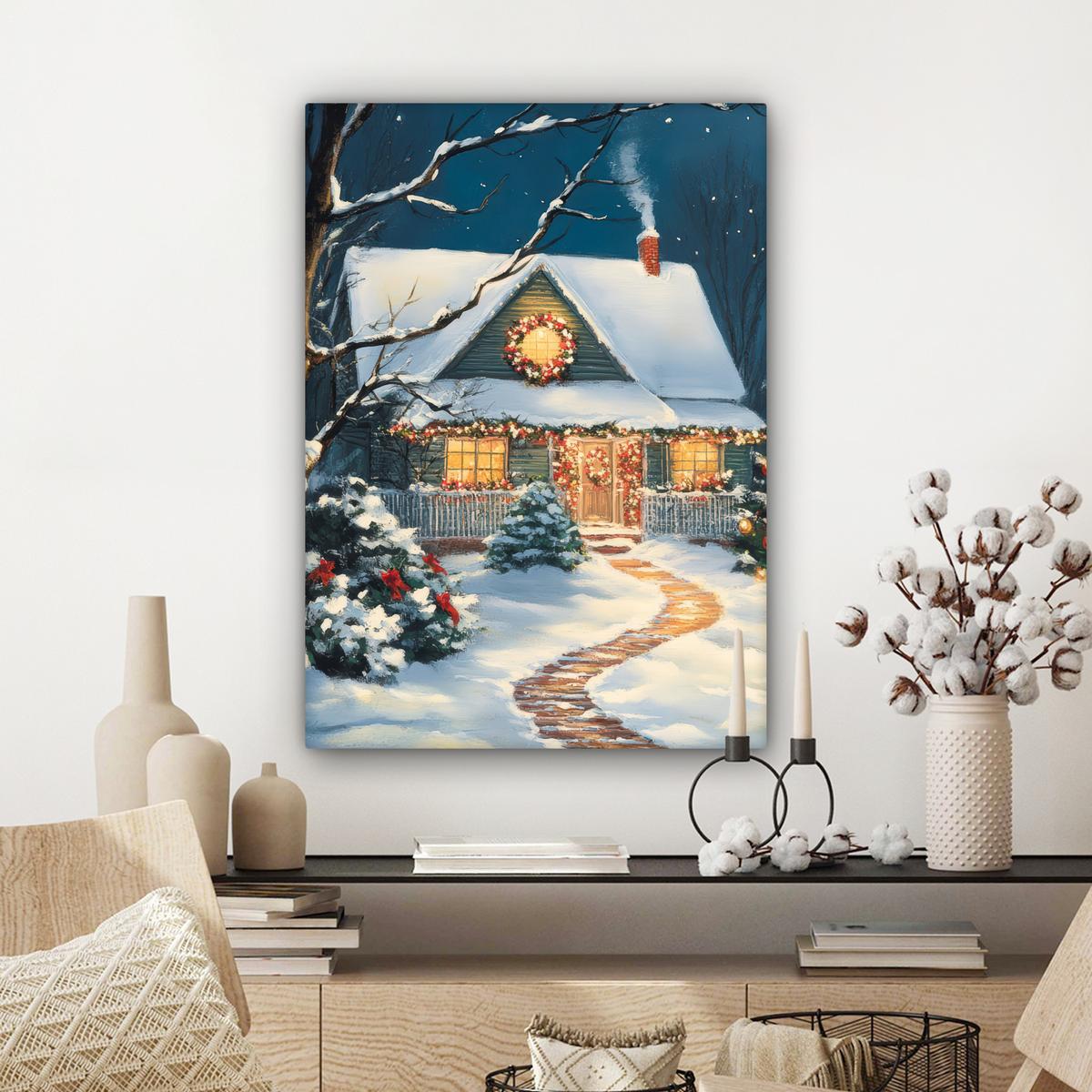 LEINWANDBILD Weihnachten - Weihnachtsbaum - Winter - Zuhause - Schnee Wandbild Wohnzimmer 60x80 cm - Smaragdgrün, Textil (60/80cm) - MuchoWow