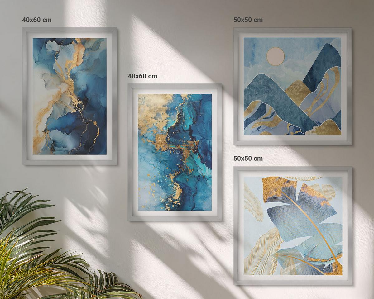 BILDER SET 4er Set - 50x50 cm & 40x60 cm Silberner Rahmen - Goldmuster in den blauen Bergen - Silberfarben, Kunststoff (50/50cm) - TULUP