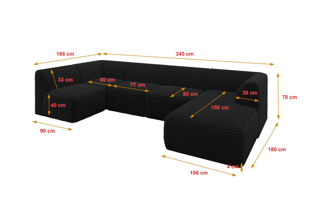 WOHNLANDSCHAFT Ottomane Rechts MOVO-L 345x180x78 cm Schwarz Cord - Schwarz, Holzwerkstoff/Kunststoff (180/78/345cm) - ALTDECOR