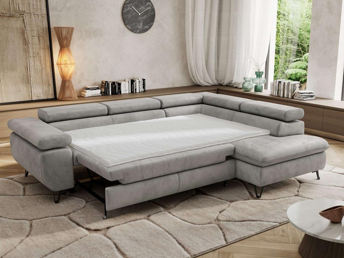 ECKSOFA PABLO L Hellgrau Velvet - Rechts Seite mit Visco Topper - Hellgrau/Schwarz, Textil/Metall (273/208cm) - MKS