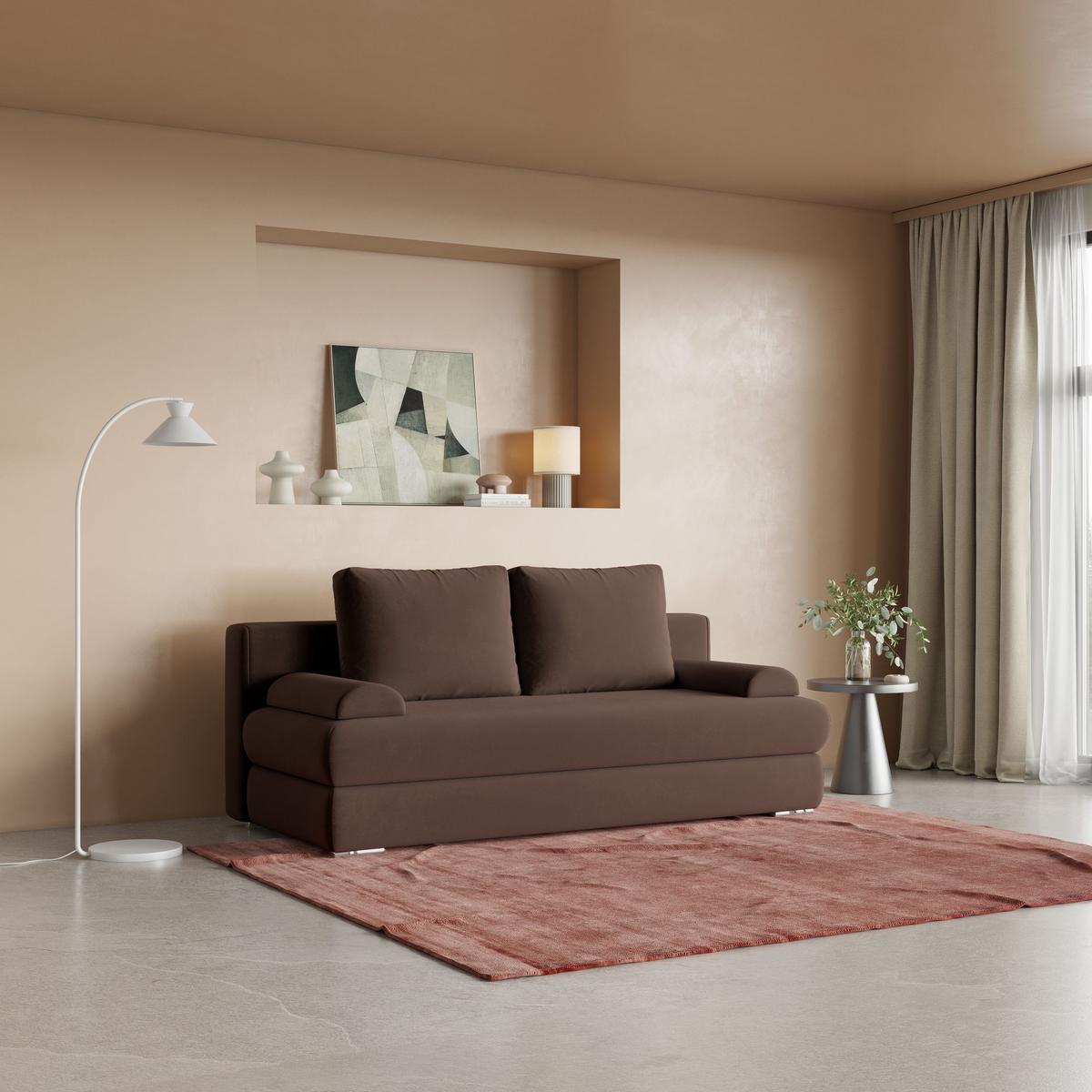 SCHLAFSOFA ASPERO Braun Plüsch-Stoff mit Schlaffunktion - Braun, Holz (200/95/75cm) - MASSENO