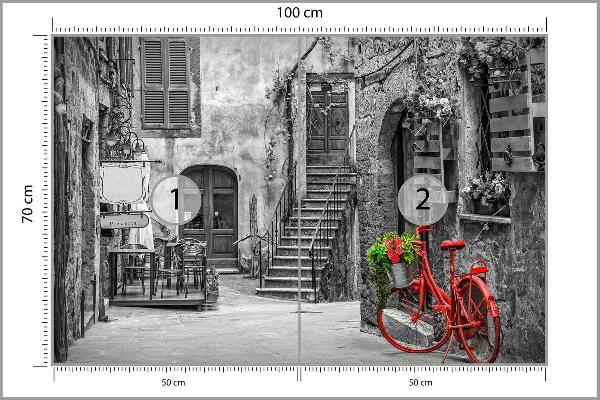 FOTOTAPETE für Wohnzimmer Italienische Gasse Rotes Fahrrad Toskana 100x70 - Rot/Schwarz, Papier (100/70cm) - Muralo
