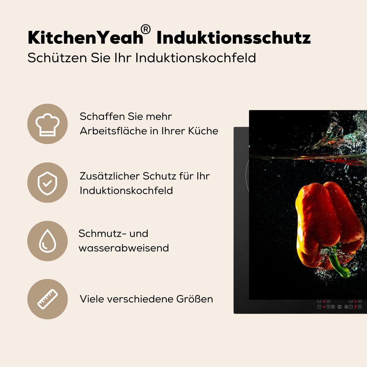 HERDABDECKPLATTE Paprika - Gemüse - Wasser - Schwarz - Rot - Grün - Gelb Ceranfeldabdeckung 85x52 cm - Multicolor, Kunststoff (85/52/0.2cm) - MuchoWow