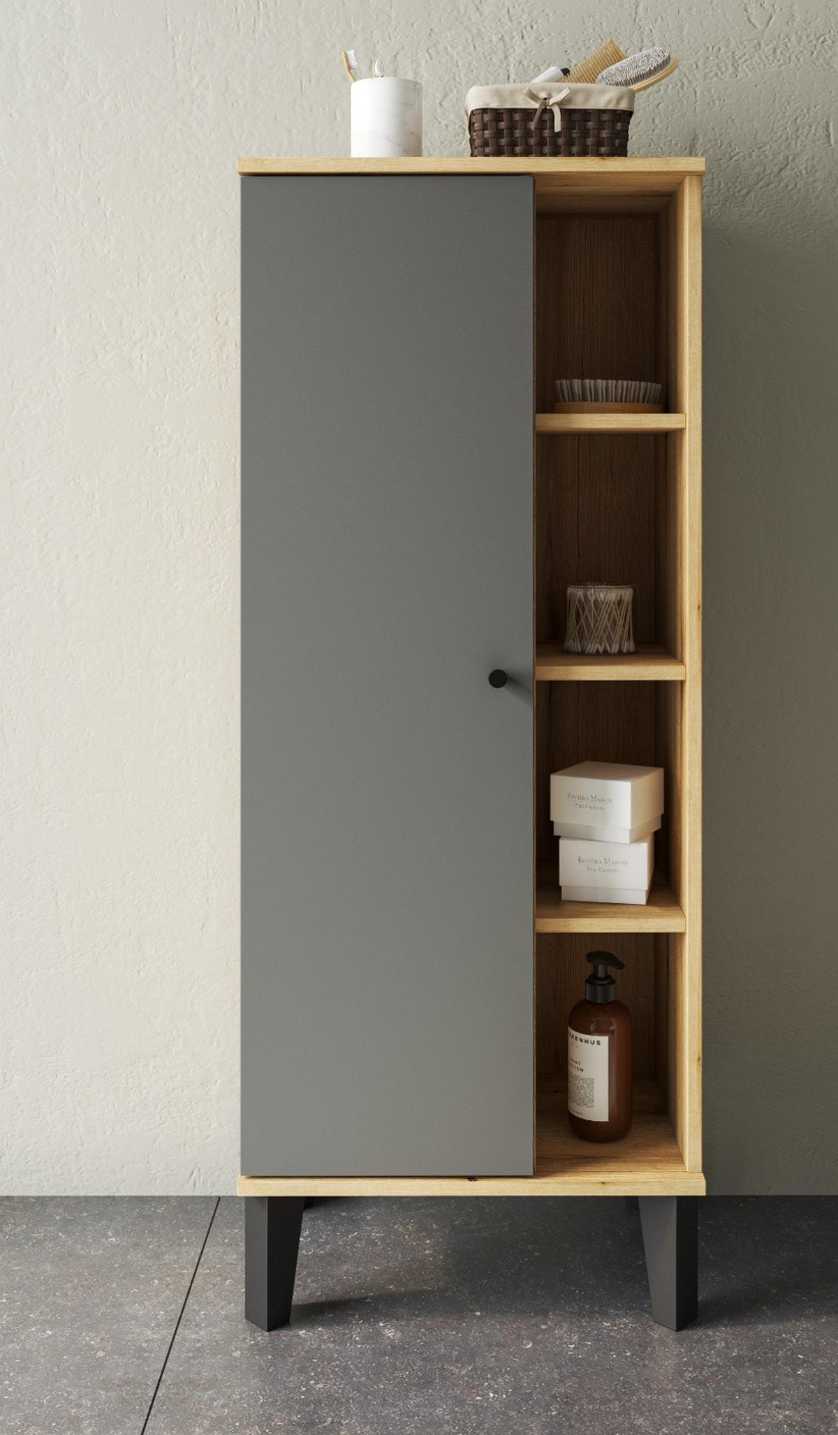 BAD-MIDISCHRANK grau, Evoke Eiche, Badmöbel Kommode, 51 x 128 cm - Eichefarben/Schwarz, Holzwerkstoff/Metall (51/128/33cm) - Furn.Design
