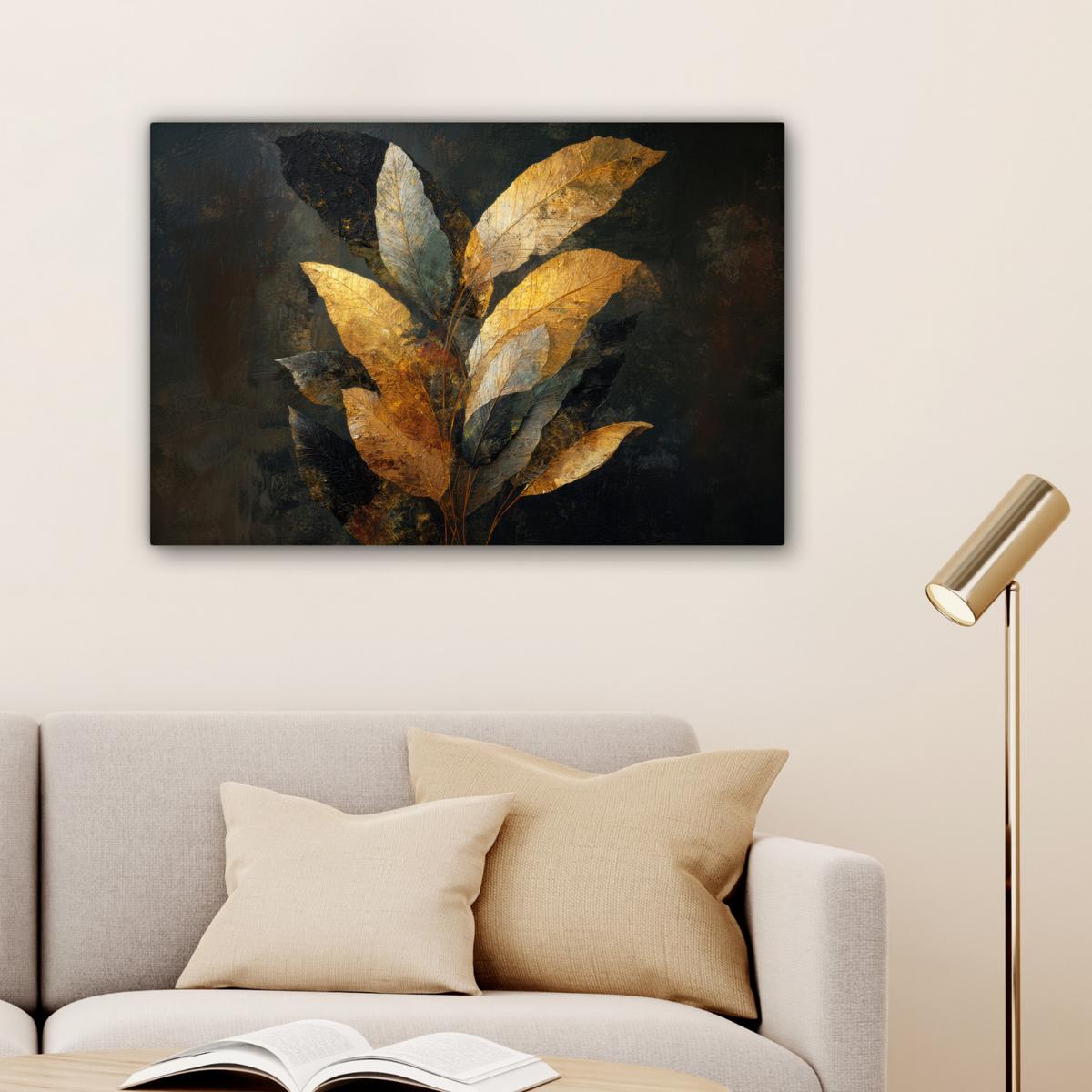 LEINWANDBILD Golden Leaf Komposition - Botanical Luxury Gemälde 60x40 cm - Goldfarben/Schwarz, Textil (60/40cm) - MuchoWow