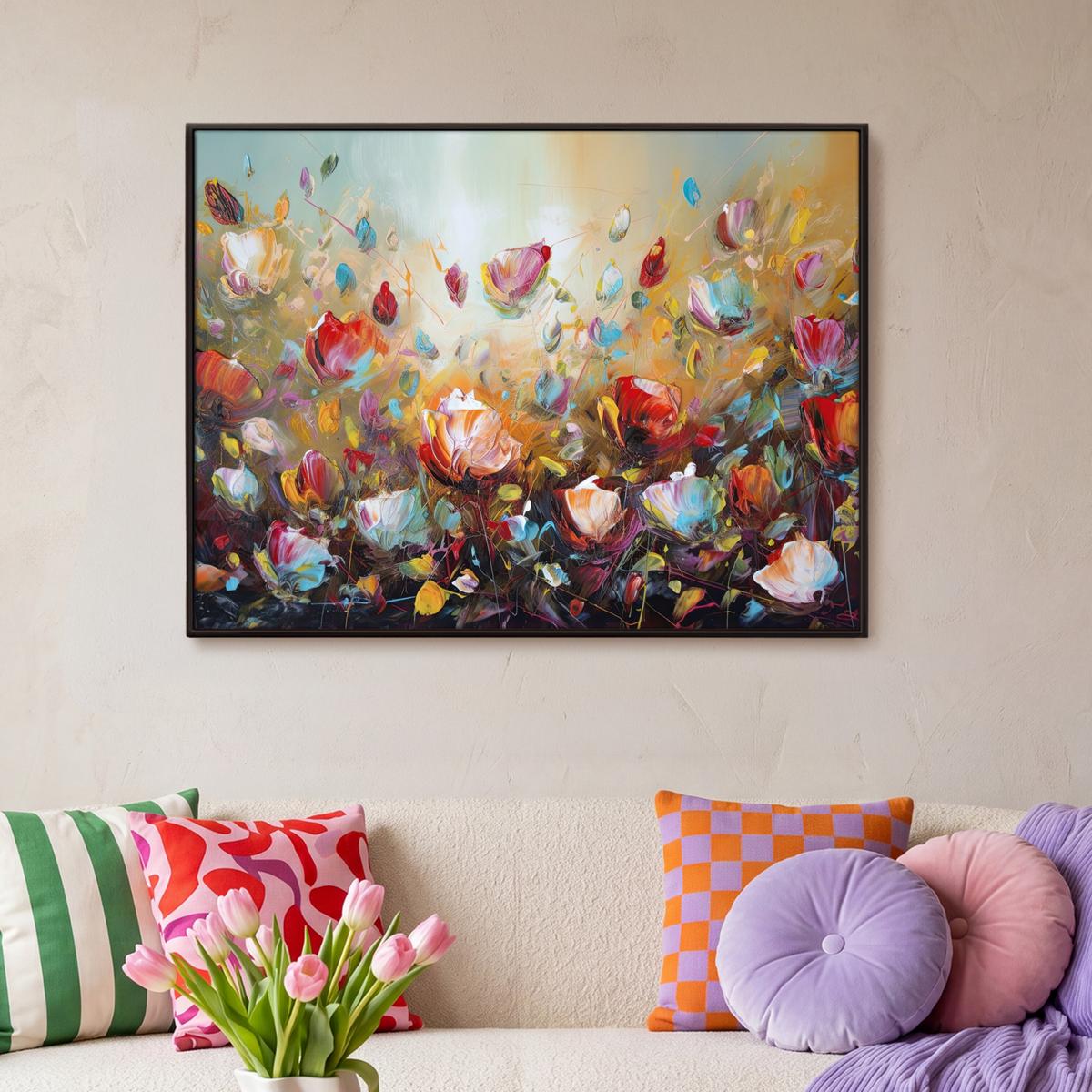 LEINWAND Bilder mit Rahmen - Blumen - Kunst - Natur - Ölgemälde - 100x70 - Multicolor, Textil (100/70cm) - MuchoWow