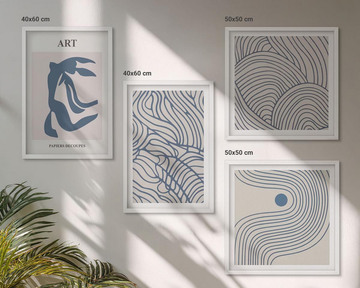 BILDER SET 4er Set - 50x50 cm & 40x60 cm Weißer Rahmen - Abstrakte blaue Linien - Weiß, Kunststoff (50/50cm) - TULUP