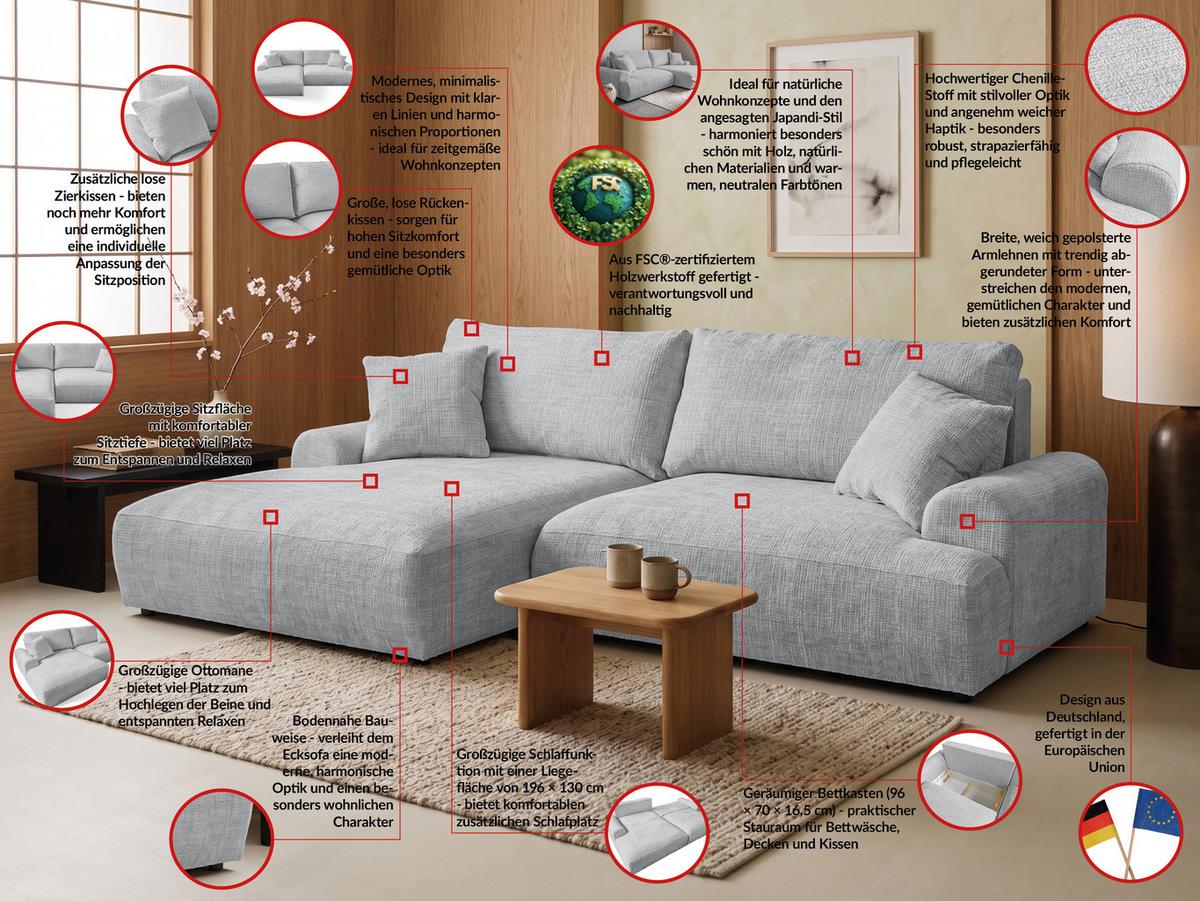 ECKSOFA Melvano mit Schlaffunktion und Bettkasten im Japandi-Stil aus weichem Hellgrau Chenille-Stoff - Hellgrau/Schwarz, Holz/Kunststoff (145/240cm) - S-Style