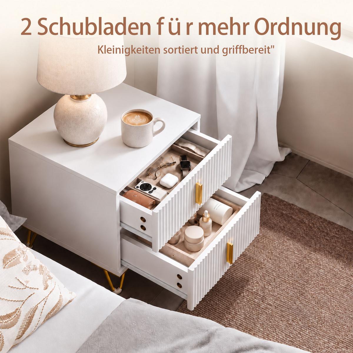 NACHTTISCH mit 2 schubladen, Weiß, 40x47x40 cm, E1-MDF, auch als Beistelltisch, Schlafzimmer & Wohnzimmer - Weiß, Holzwerkstoff/Metall (40/47/40cm) - SoBuy