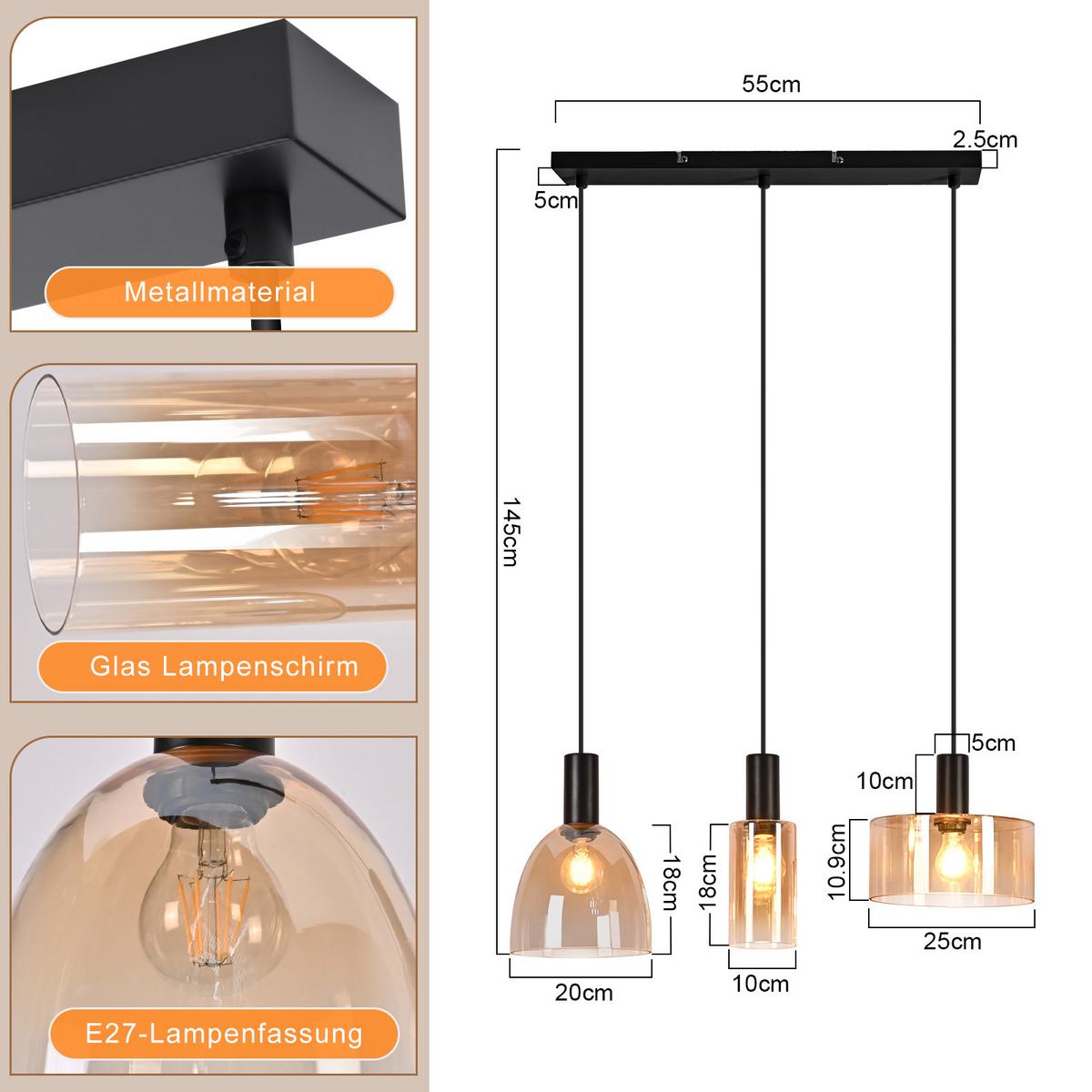 PENDELLEUCHTE Havyn 55/25/145 cm - Bernsteinfarben/Schwarz, Glas/Metall (55/25/145cm) - ZMH