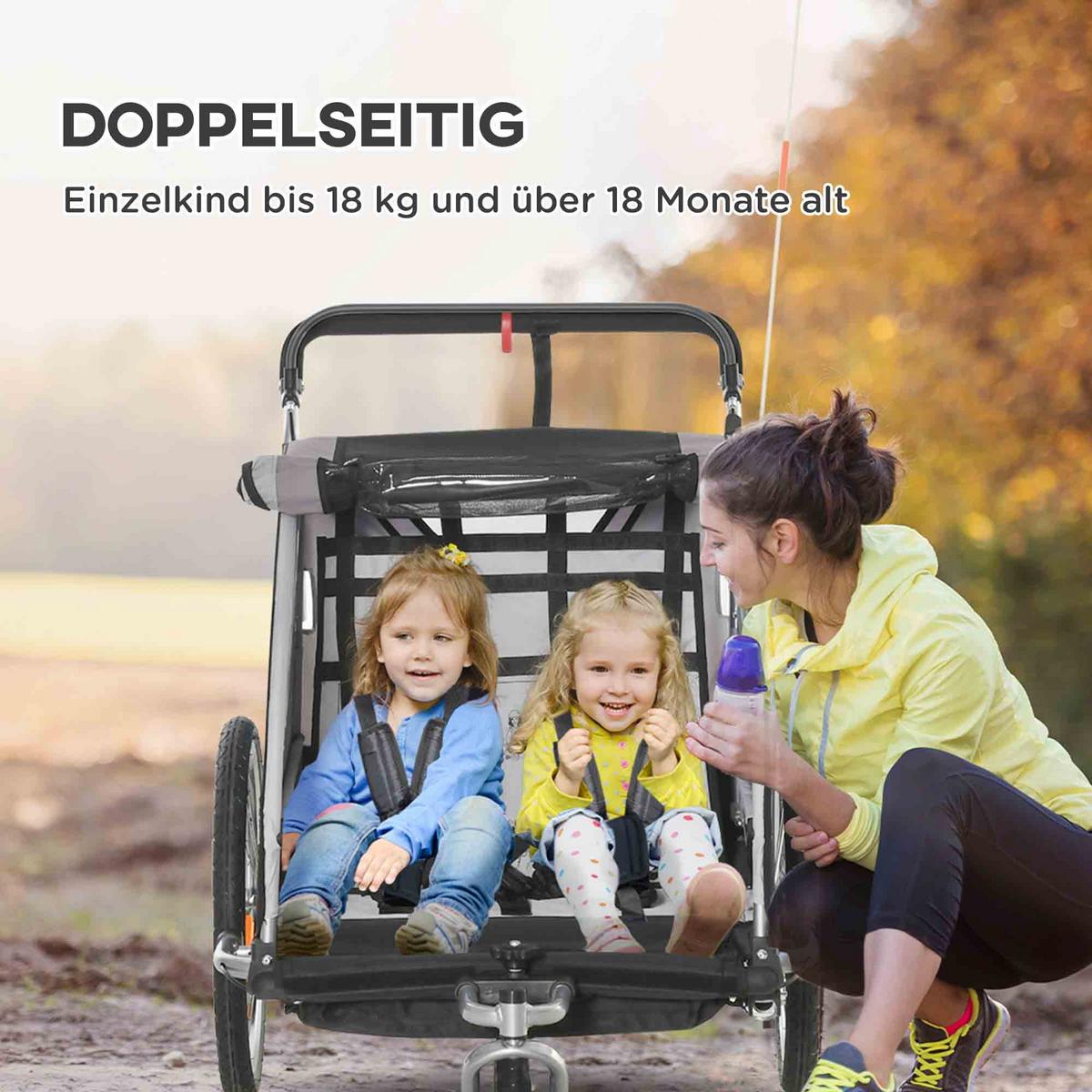 KINDERFAHRRADANHÄNGER, Stahl, Polyester, Grau+Schwarz - Grau, Kunststoff (75/101/142cm) - HOMCOM