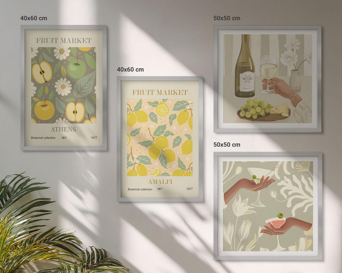 BILDER SET 4er Set - 50x50 cm & 40x60 cm Silberner Rahmen - Fruchtige Muster italienischer Wein - Silberfarben, Kunststoff (50/50cm) - TULUP
