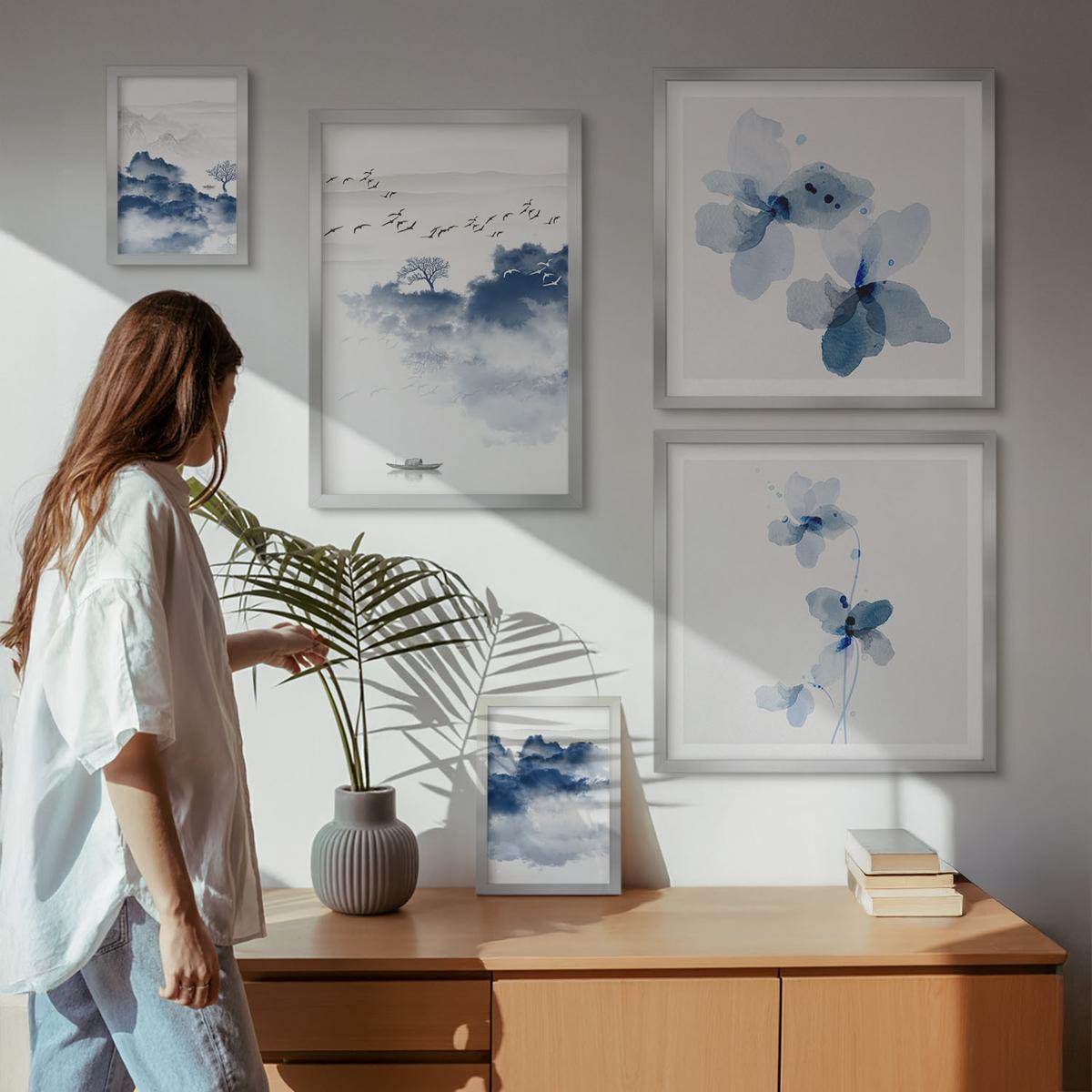 BILDER SET 5er Set - 50x50 cm & 20x30 cm & 40x60 cm Silberner Rahmen - Berge, Wolken, Bäume, Vögel im Hintergrund - Silberfarben, Kunststoff (40/60cm) - TULUP