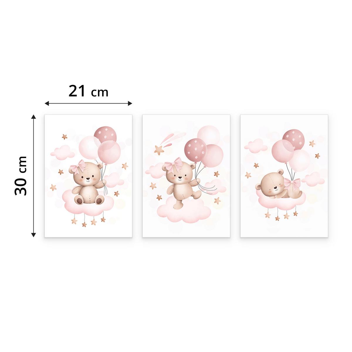 POSTER SET für Kinderzimmer Teddybären Ballons Wolken Sterne 3x Poster A4 21x30cm - Beige/Rosa, Papier (21/30/1cm) - Muralo