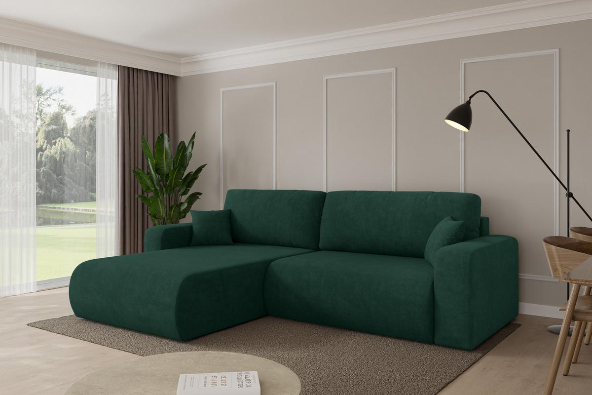 ECKSOFA mit Schlaffunktion Ottomane Links BERY-L 276x193x88 Grün Velours - Schwarz/Grün, Holzwerkstoff/Kunststoff (276/193cm) - ALTDECOR