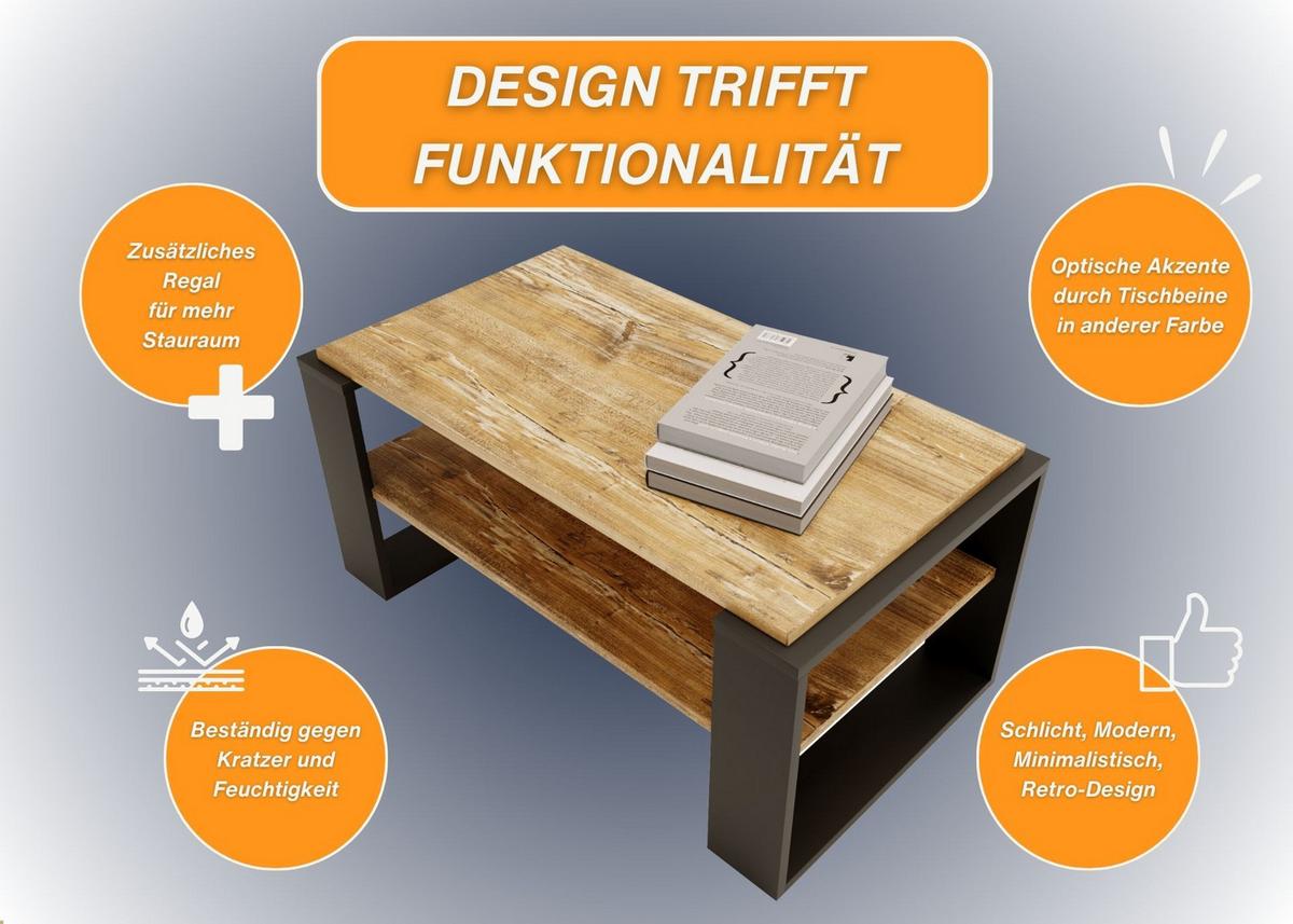 COUCHTISCH Holzwerkstoff rechteckig stabil Kiefer Milford 42/54/96cm - Kiefer Milford/Schwarz, Holzwerkstoff (53.8/96/42cm) - CraftPAK