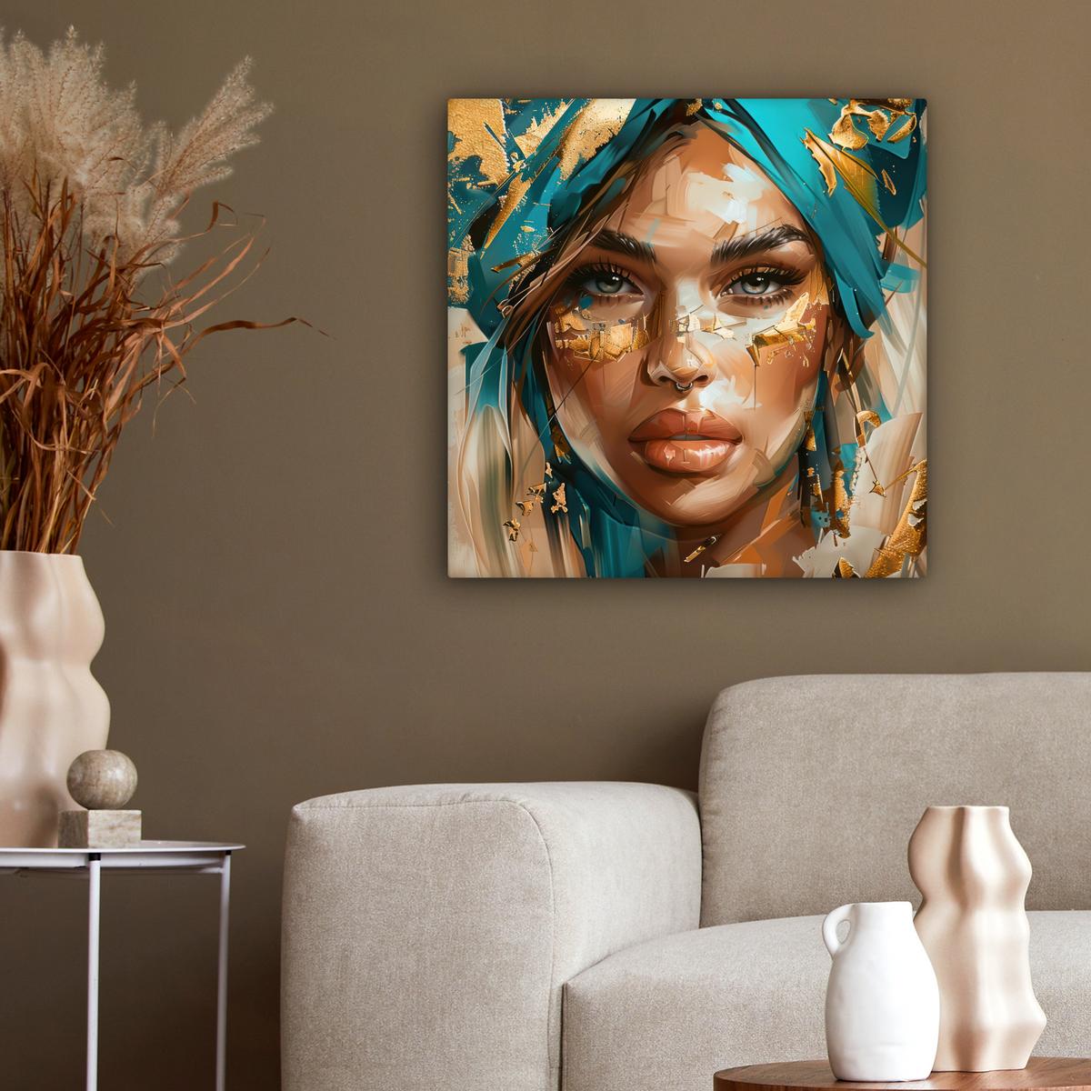 LEINWANDBILD Frau - Porträt - Gold - Luxus - Blau Wandbild Wohnzimmer 50x50 cm - Türkis, Textil (50/50cm) - MuchoWow