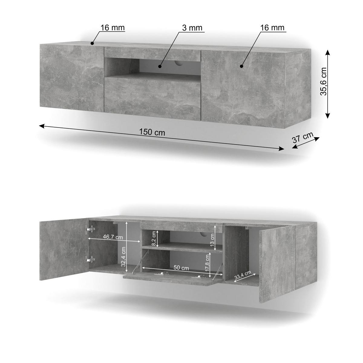 TV LOWBOARD Beton 150/42/37 - Grau, Holzwerkstoff (150/42/37cm) - RAUMHIRSCH FURNITURE