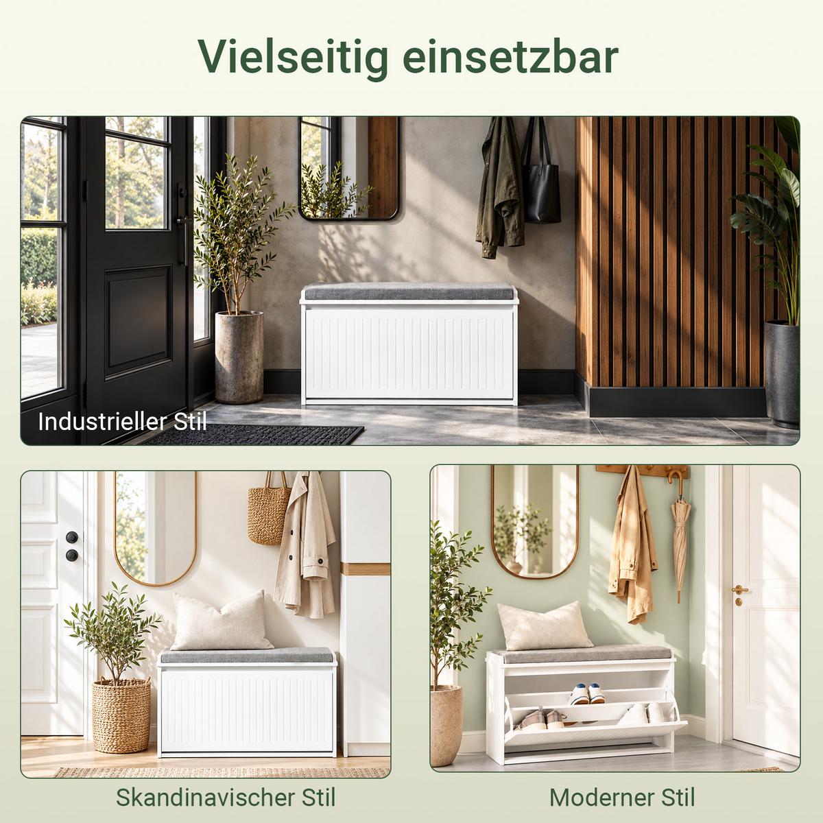 SCHUHBANK weiß, 80 x 45 x 26 cm, Sitzfläche bis 150 kg, 1 Klappe für 6 Paar bis EU 46, abnehmbares Sitzpolster - Weiß, Holzwerkstoff (80/45/26cm) - SoBuy