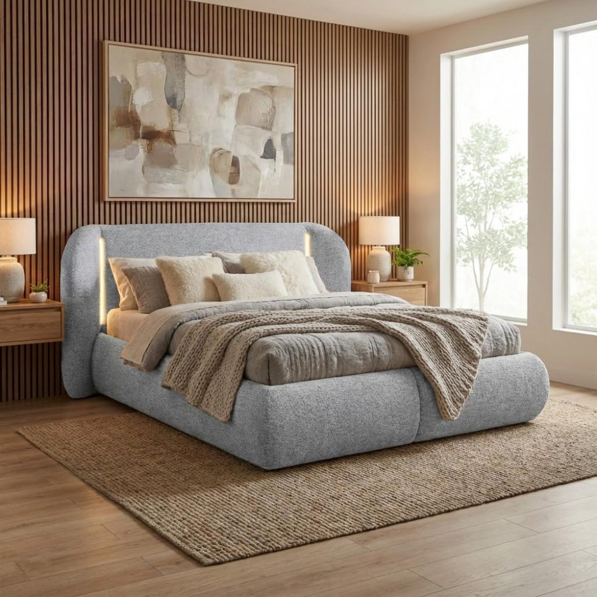 POLSTERBETT Corfu mit LED-Beleuchtung, mit Bettkasten, rundliche Formen, 140x200, Hellgrau - Hellgrau, Textil/Metall (140/200cm) - Beautysofa
