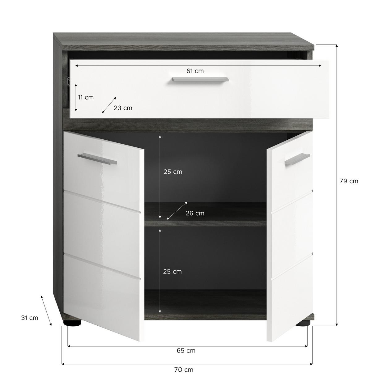 BADKOMMODE weiß Hochglanz, grau 71 cm, Badschrank mit Rillenoptik - Chromfarben/Weiß Hochglanz, Holzwerkstoff/Kunststoff (71/79/31cm) - Inn.Furn