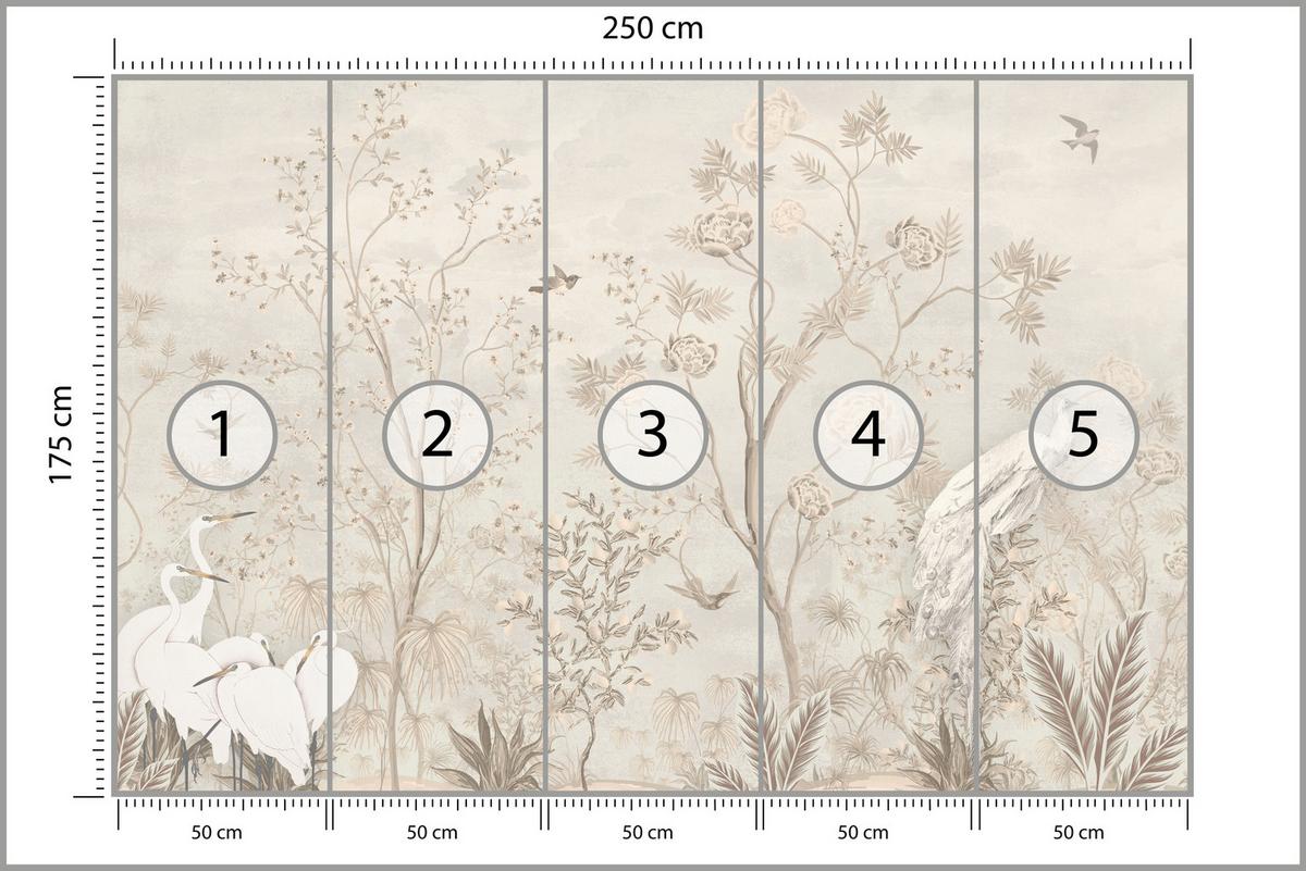 FOTOTAPETE für Esszimmer Weiße Vögel Bäumen Natur Kräne Blumen 250x175 - Beige, Papier (250/175cm) - Muralo