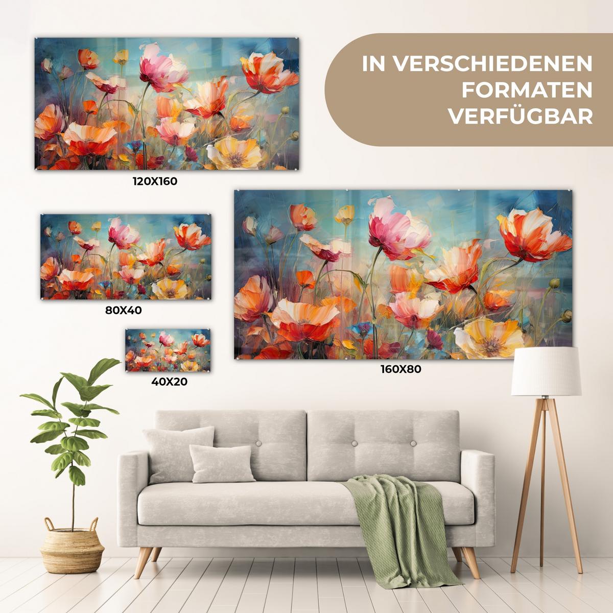 ACRYLGLASBILD Blumen - Aquarell - Kunst - Botanisch - Natur 120x60 cm - Orange, Glas (120/60cm) - MuchoWow