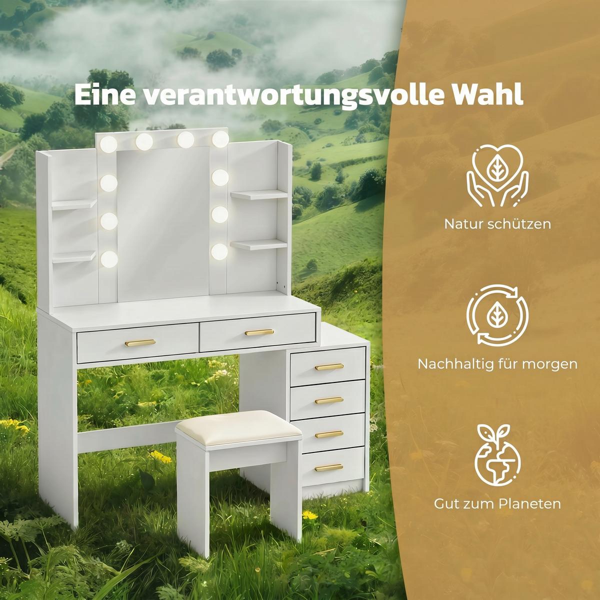 SCHMINKTISCH mit Hocker MDF Glas Weiß - Goldfarben/Weiß, Holzwerkstoff/Metall (40/140/120cm) - HOMCOM