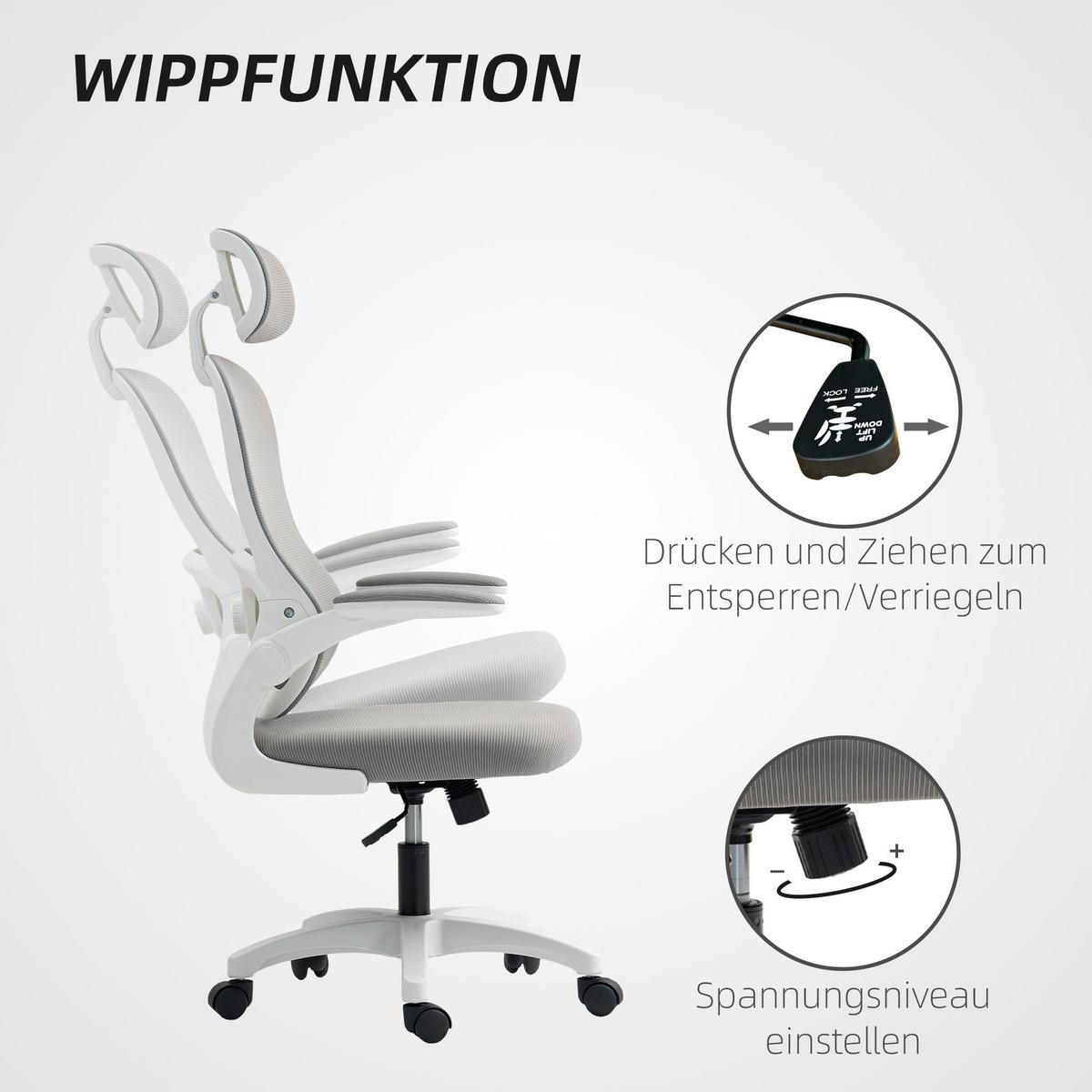 BÜROSTUHL Ergonomischer Schreibtischstuhl mit Hochklappbaren Armlehnen Grau - Weiß/Grau, Kunststoff/Textil (62/115/64cm) - HOMCOM