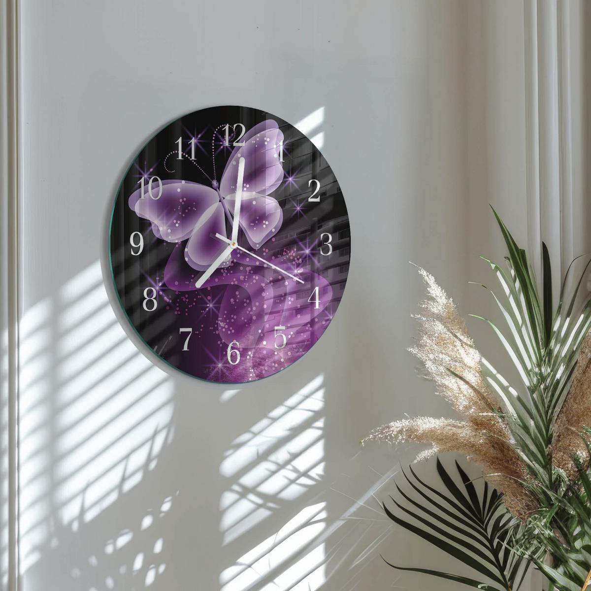 WANDUHR aus Glas Ø30 cm - Schmetterling - Lila, Glas (30/30/0.4cm) - TULUP