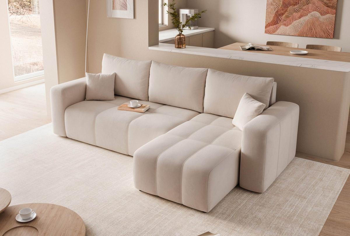 ECKSOFA Beige Velours mit Bettkasten und Schlaffunktion - Beige, Textil (248/145cm) - Idohome