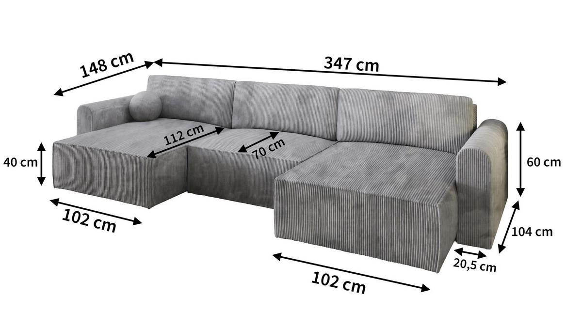 WOHNLANDSCHAFT FENTO P Creme Kordstoff mit Schlaffunktion - Creme/Grau, Holz/Kunststoff (347/90/148cm) - MASSENO