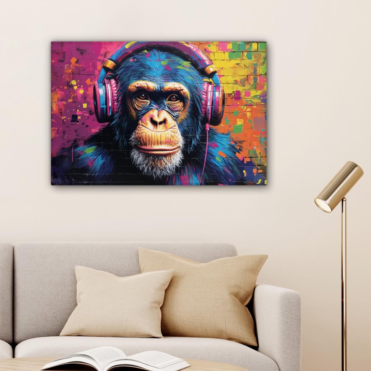 LEINWANDBILD Graffiti - Schimpanse - Straßenkunst - Kopfhörer - Affe XXL 150x100 cm - Blau, Textil (150/100cm) - MuchoWow