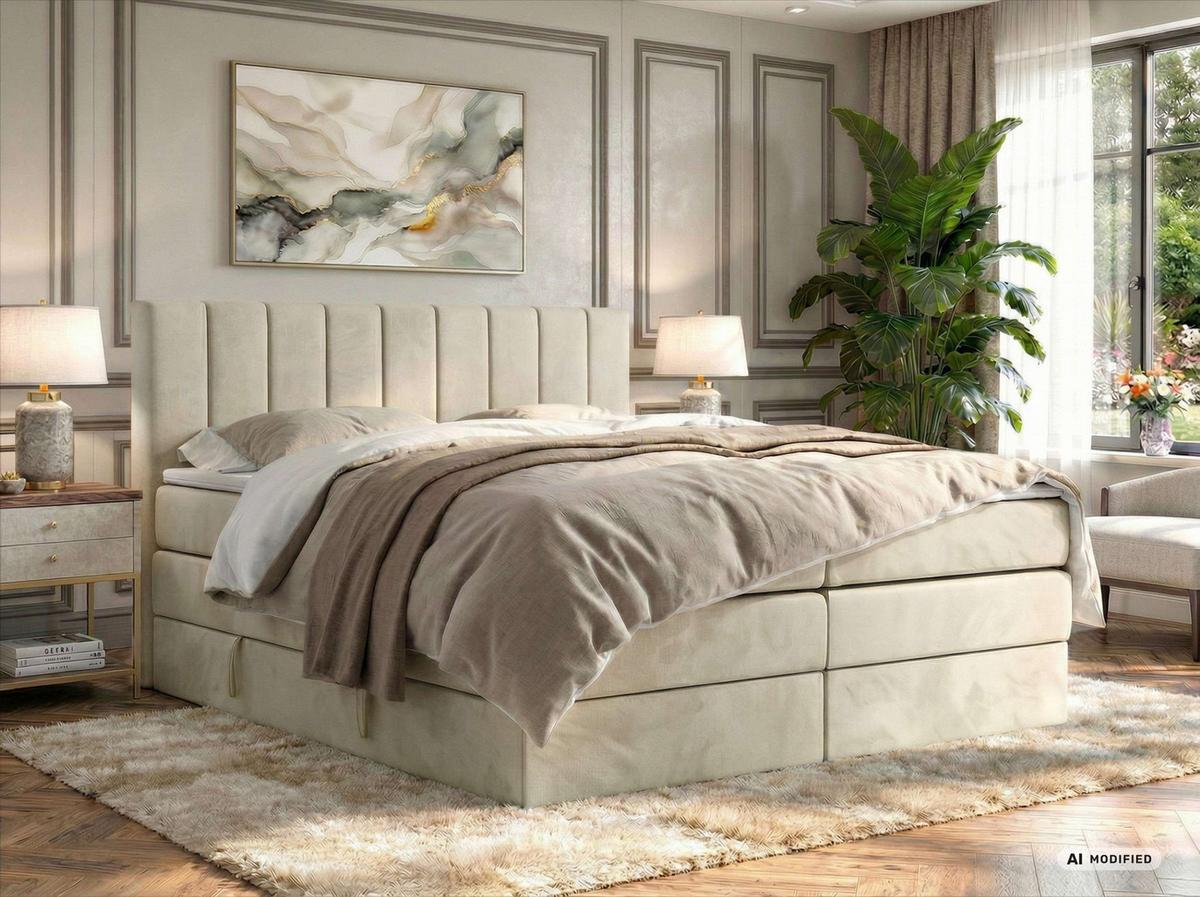 BOXSPRINGBETT ALVER KING 180/200 - Beige Velvet - Topper T25 - H4 - Beige/Schwarz, Kunststoff/Textil (180/200cm) - MKS