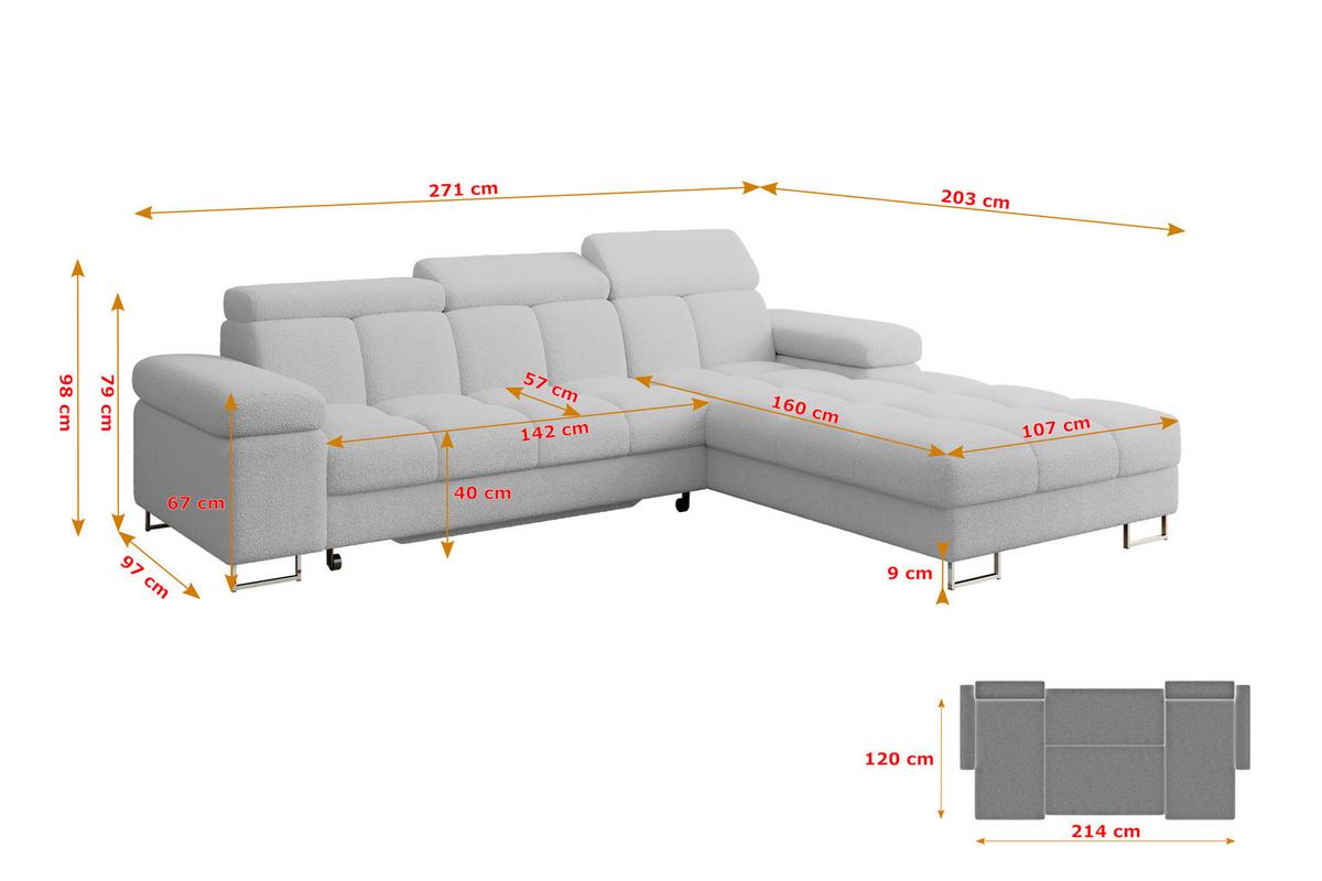ECKSOFA mit Schlaffunktion Ottomane Rechts COMA L 271x203x79 Hellgrau Bouclé - Edelstahlfarben, Holzwerkstoff/Textil (203/271cm) - ALTDECOR