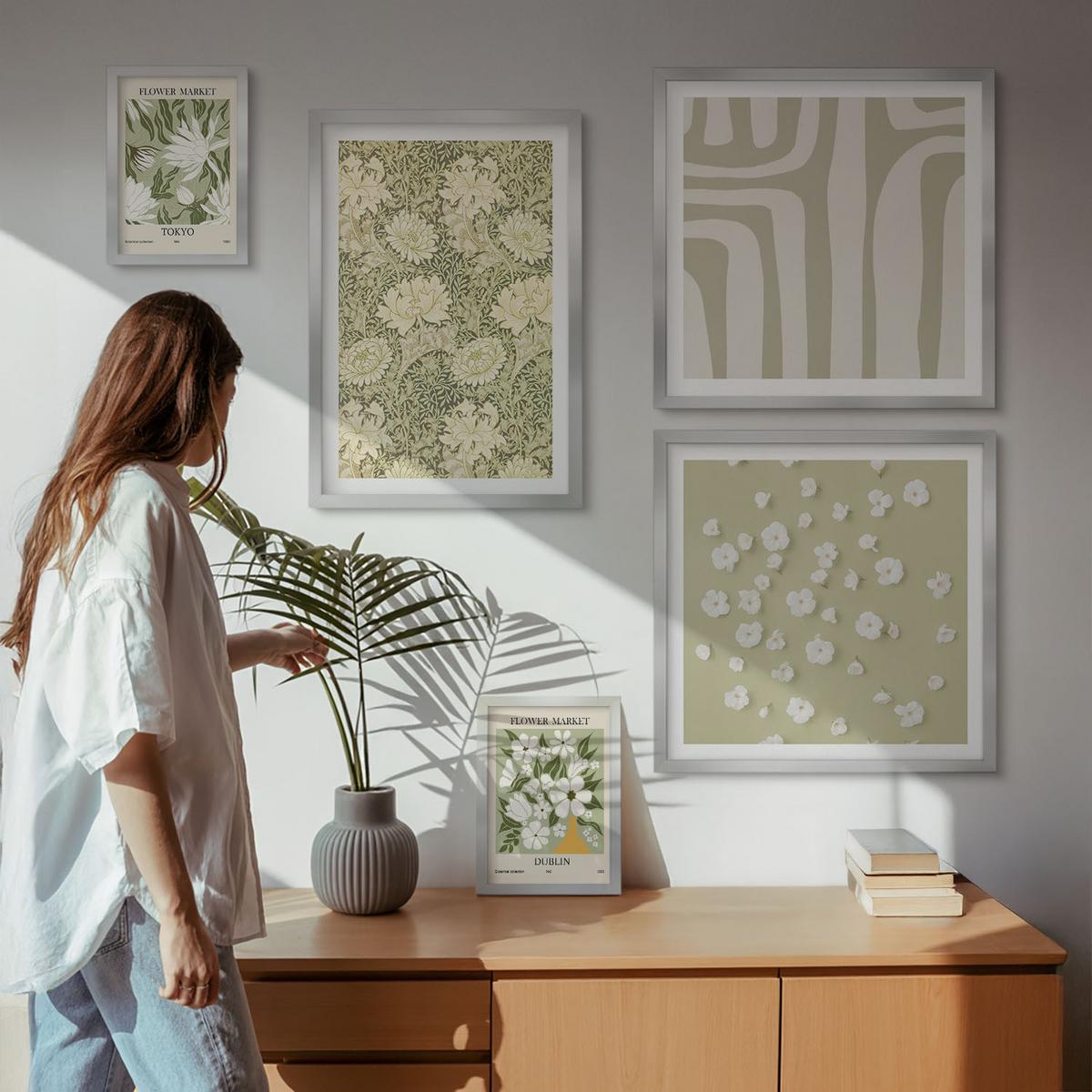BILDER SET 5er Set - 50x50 cm & 20x30 cm & 40x60 cm Silberner Rahmen - Boho-Pflanzenkompositionen in Pastellfarben - Silberfarben, Kunststoff (40/60cm) - TULUP