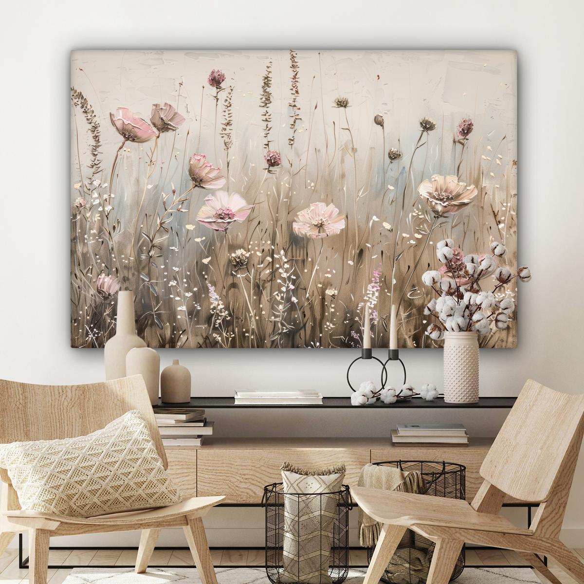 LEINWANDBILD Blumen - Rosa - Modern - Beige Wohnzimmer Groß 120x80 cm - Beige, Textil (120/80cm) - MuchoWow