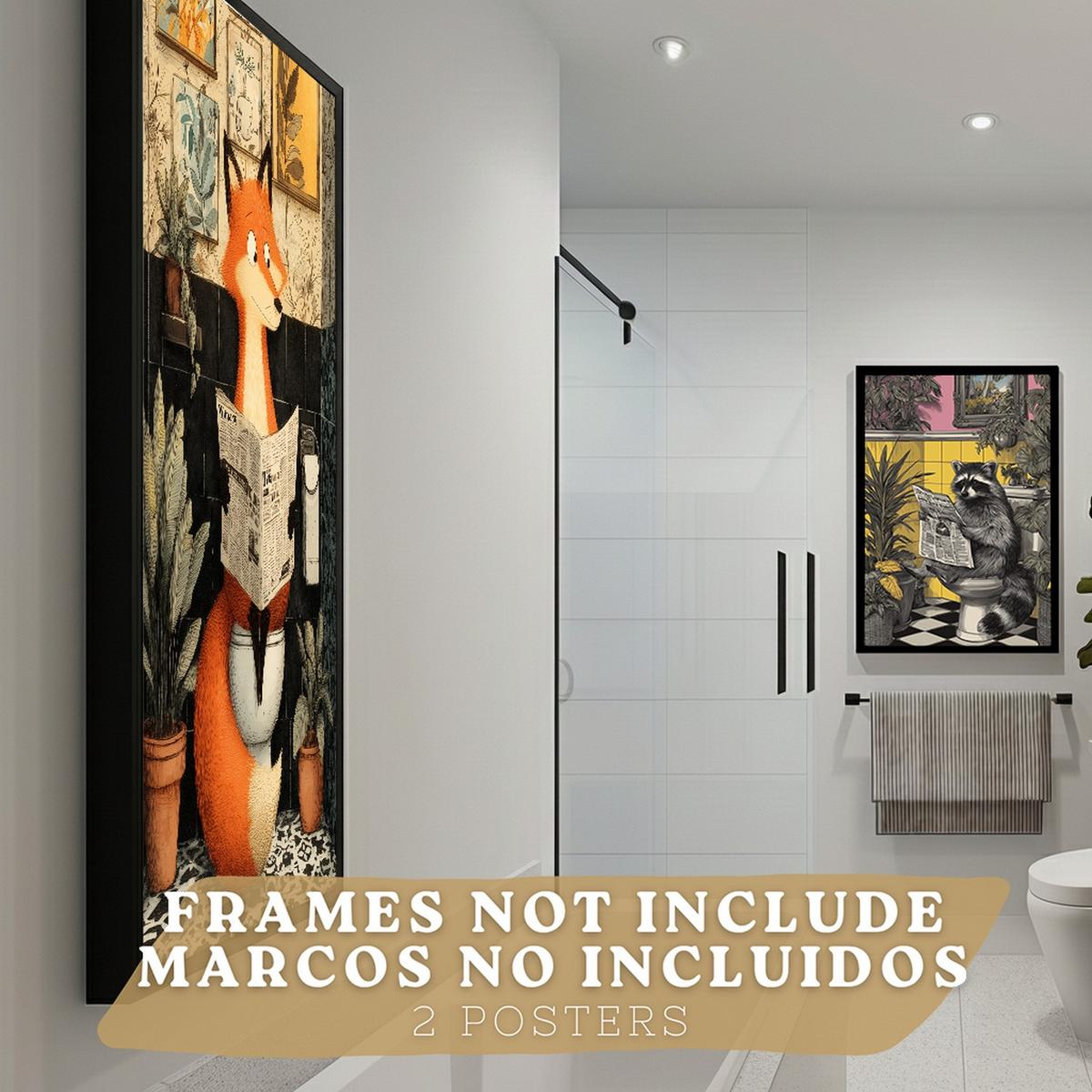 POSTER 2er-Set dekorative Badezimmer-Kunstdrucke, künstlerische für Wand, Waschbecken, Toilette mit Tieren auf der Toilette, Vintage Rahmenlos A4 - Klar, Papier (29.7/21/3cm) - Nacnic
