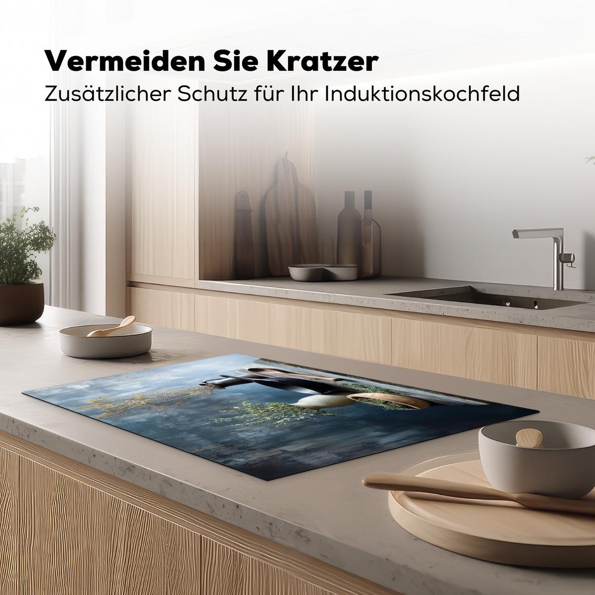 HERDABDECKPLATTE Stilleben - Kräuter - Rustikal Induktionsmatte 81x52 cm - Blaugrau, Kunststoff (81/52/0.2cm) - MuchoWow