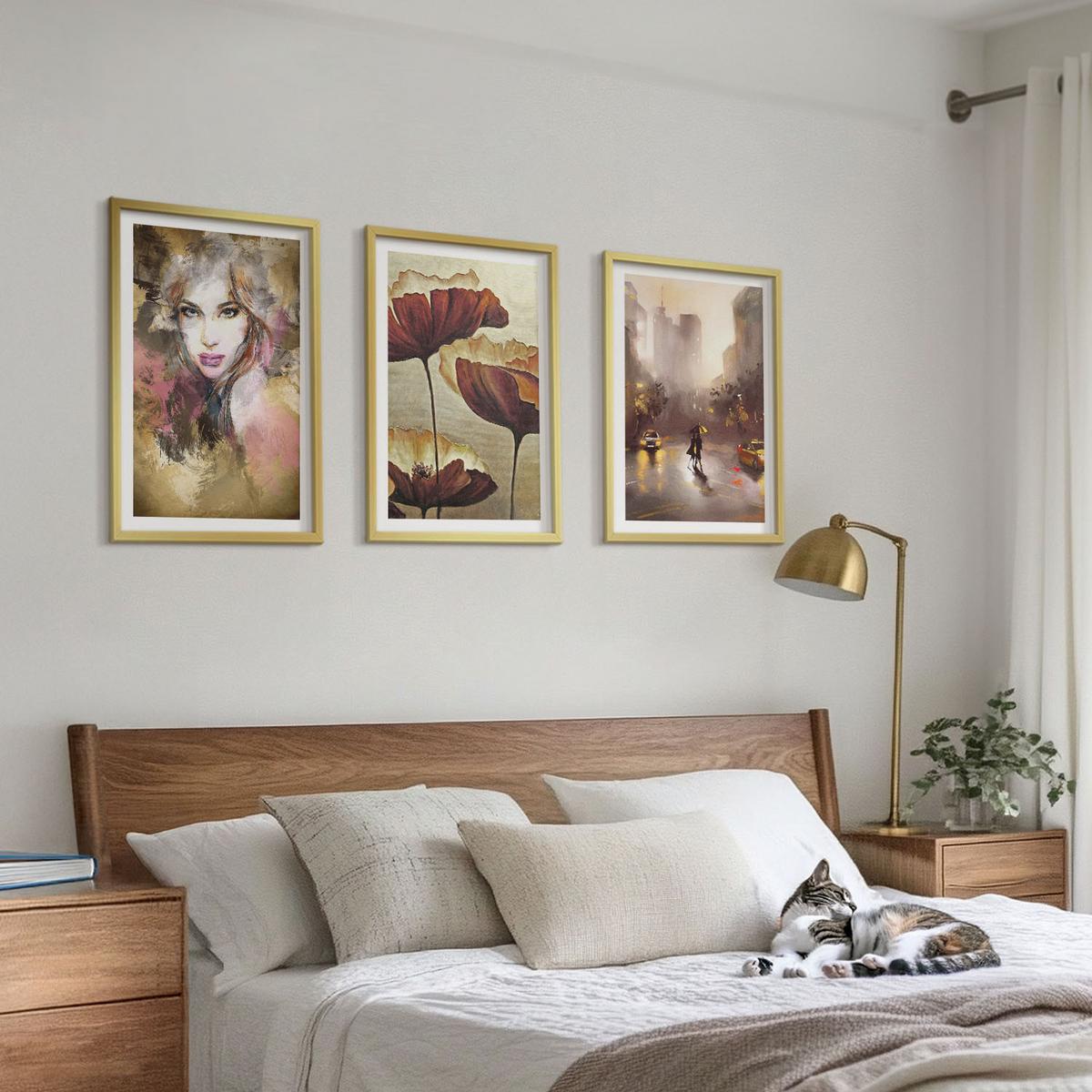 BILDER SET 3er Set - 40x60 cm Goldrahmen - Abstraktes Porträt einer Frau mit Blumen und Regen - Goldfarben, Kunststoff (40/60cm) - TULUP