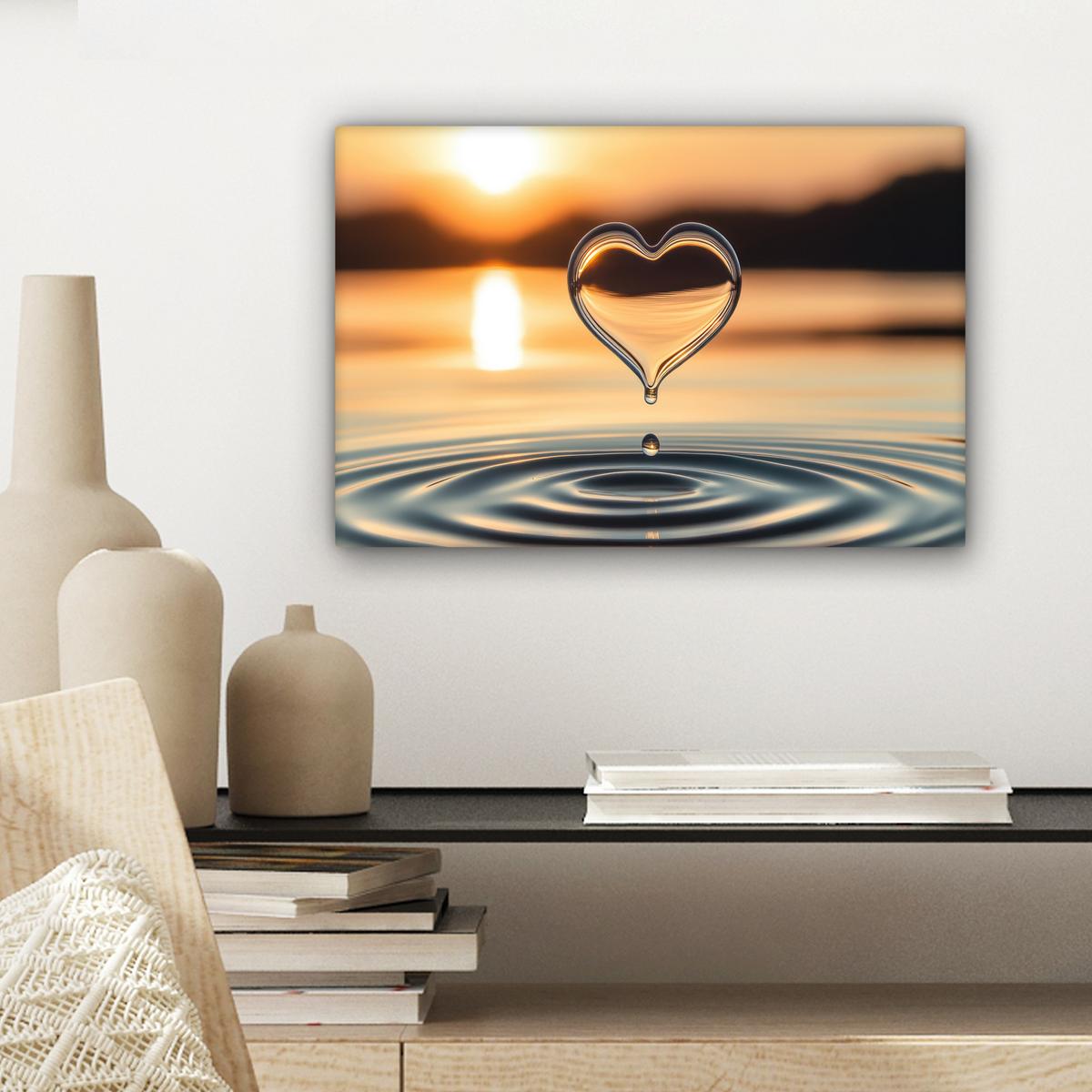 LEINWANDBILD Herz - Wasser - Sonnenuntergang - Natur - Zen Deko Schlafzimmer 30x20 cm - Bernsteinfarben, Textil (30/20cm) - MuchoWow