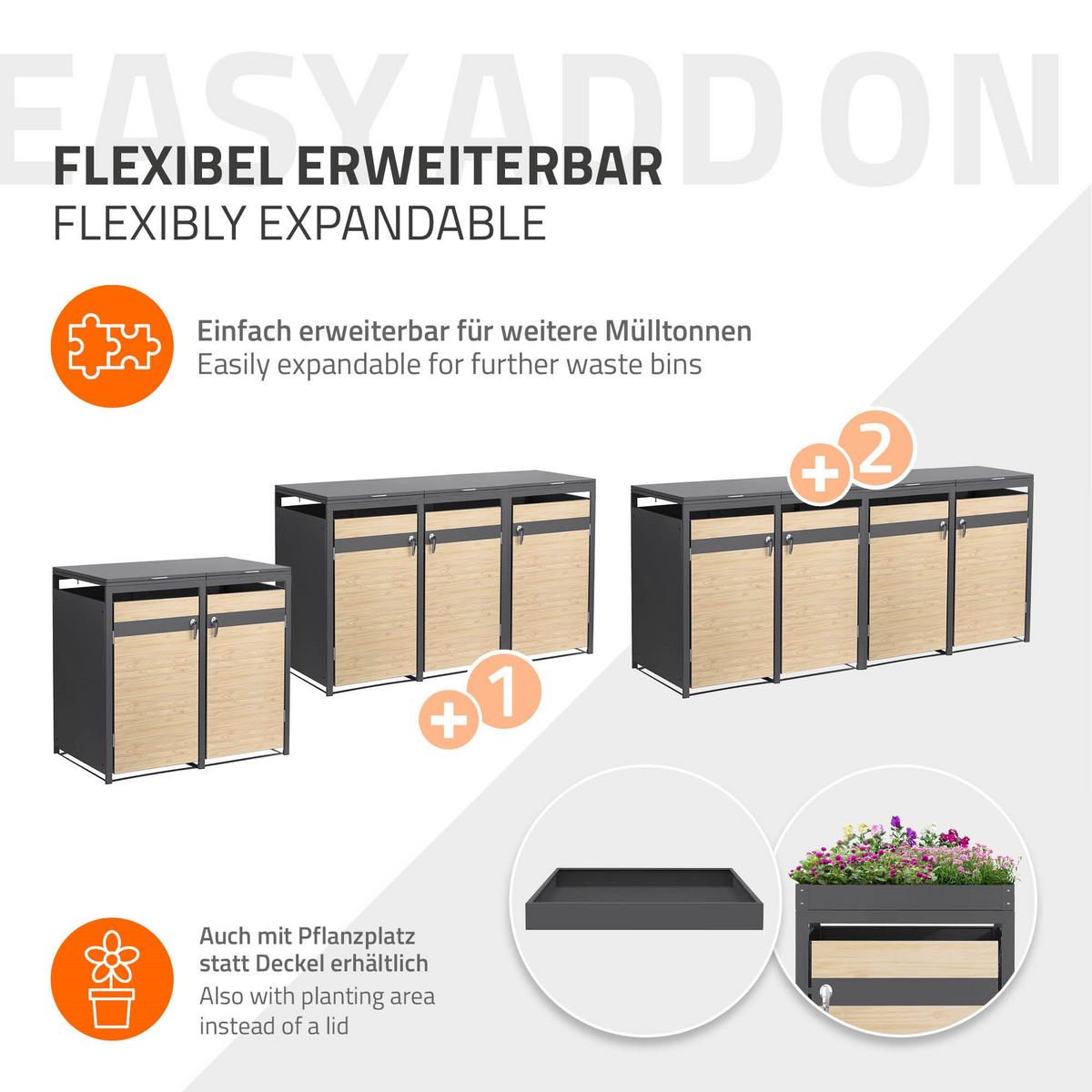 MÜLLTONNENBOX 2er Anthrazit-Holzoptik - Naturfarben, Metall (132/120/80cm) - ML-DESIGN