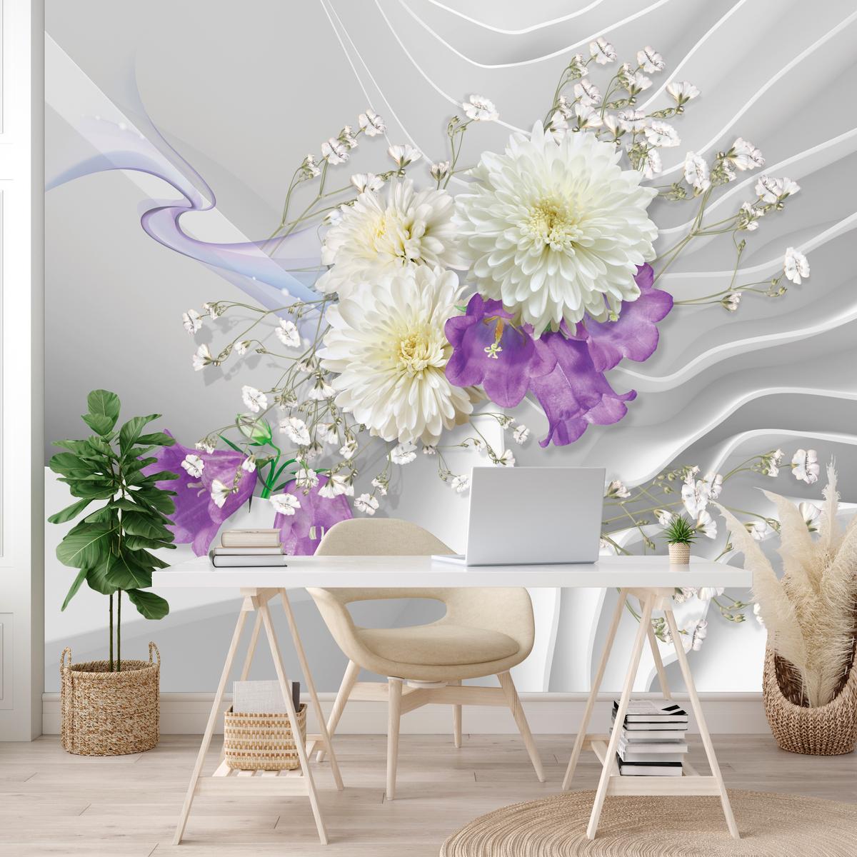 FOTOTAPETE für Wohnzimmer BLUMEN Abstraktes Welliges Raumhintergrund 350x256 - Violett/Weiß, Papier (350/256cm) - Muralo