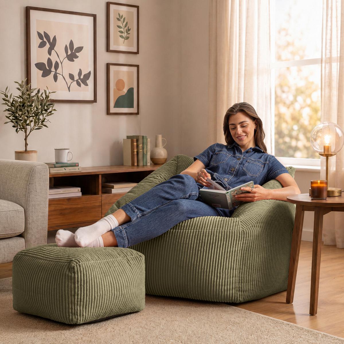 SITZSACK Cord Sessel Natalia mit Hocker - Salbeigrün, Textil (97/73/84cm) - icon