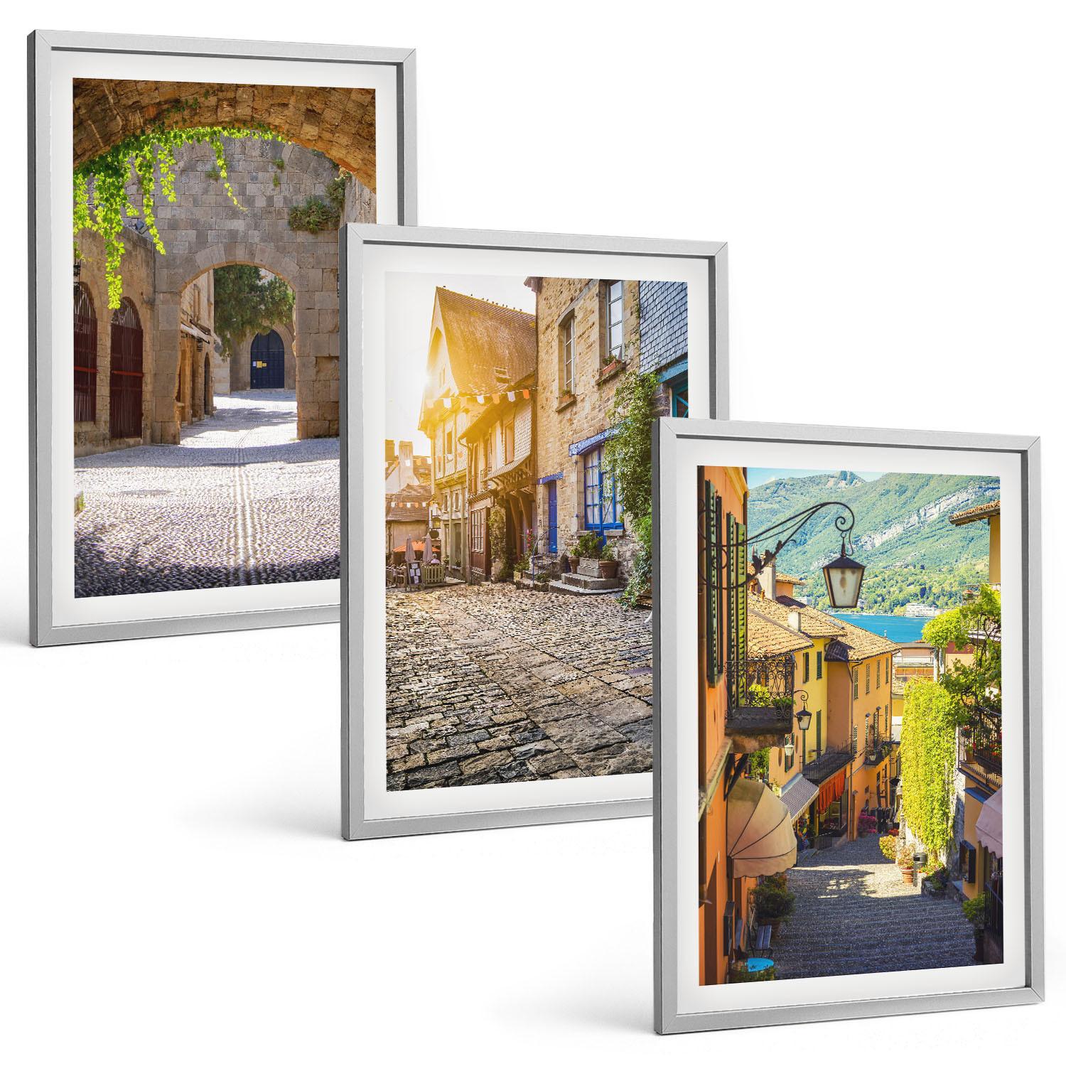 BILDER SET 3er Set - 40x60 cm Silberner Rahmen - Charmante Steinstraßen - Silberfarben, Kunststoff (40/60cm) - TULUP
