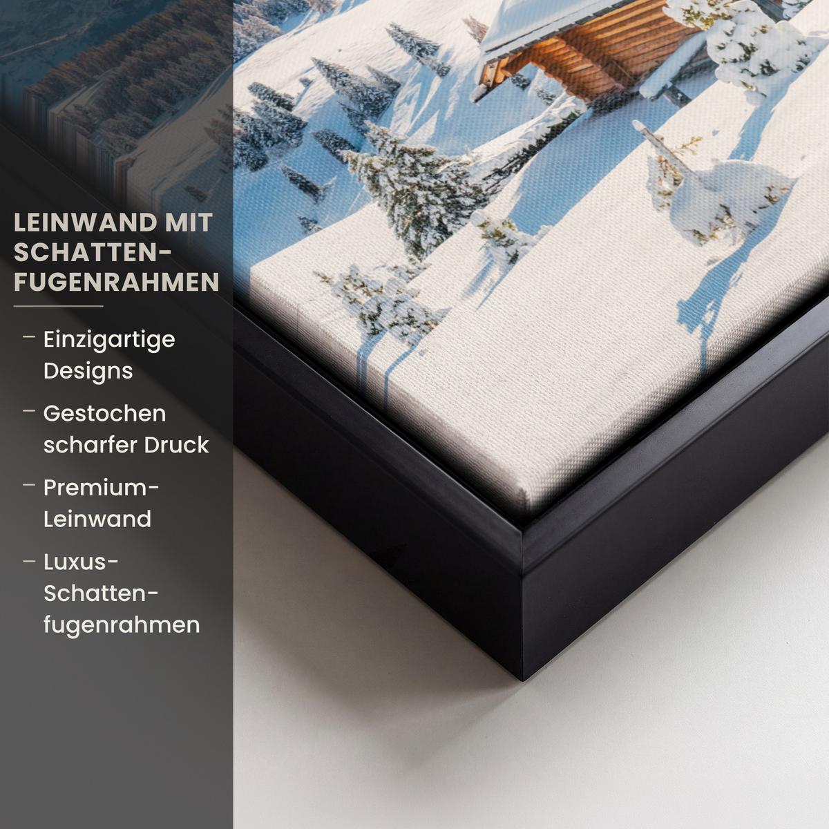 LEINWAND Bilder mit Rahmen - Winter - Hütte - Berge - Aussicht - Schnee - 40x30 - Eichefarben, Textil (40/30cm) - MuchoWow
