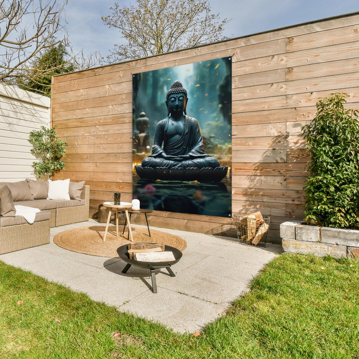 GARTENPOSTER Buddha - Statue - Buddha - Zen - Kunst - Buddha Gartendekoration 120x160 cm - Dunkelgrau, Kunststoff (120/160/0.2cm) - OnlyWow