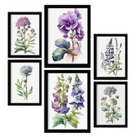 POSTER Set Mit 6 Violett Vollfarbige Natur Und Botanikdrucke Mit Blumenmotiven Auf Reinweißen Hintergründen Innenarchitektur A3 & A4 Schwarzer Rahmen - Schwarz, Papier (29/3cm) - Nacnic
