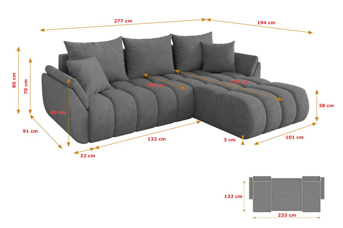 ECKSOFA mit Schlaffunktion Ottomane Rechts TOKO-L-v1 277x194x86 Grau Velours - Taupe/Schwarz, Holzwerkstoff/Kunststoff (277/194cm) - ALTDECOR