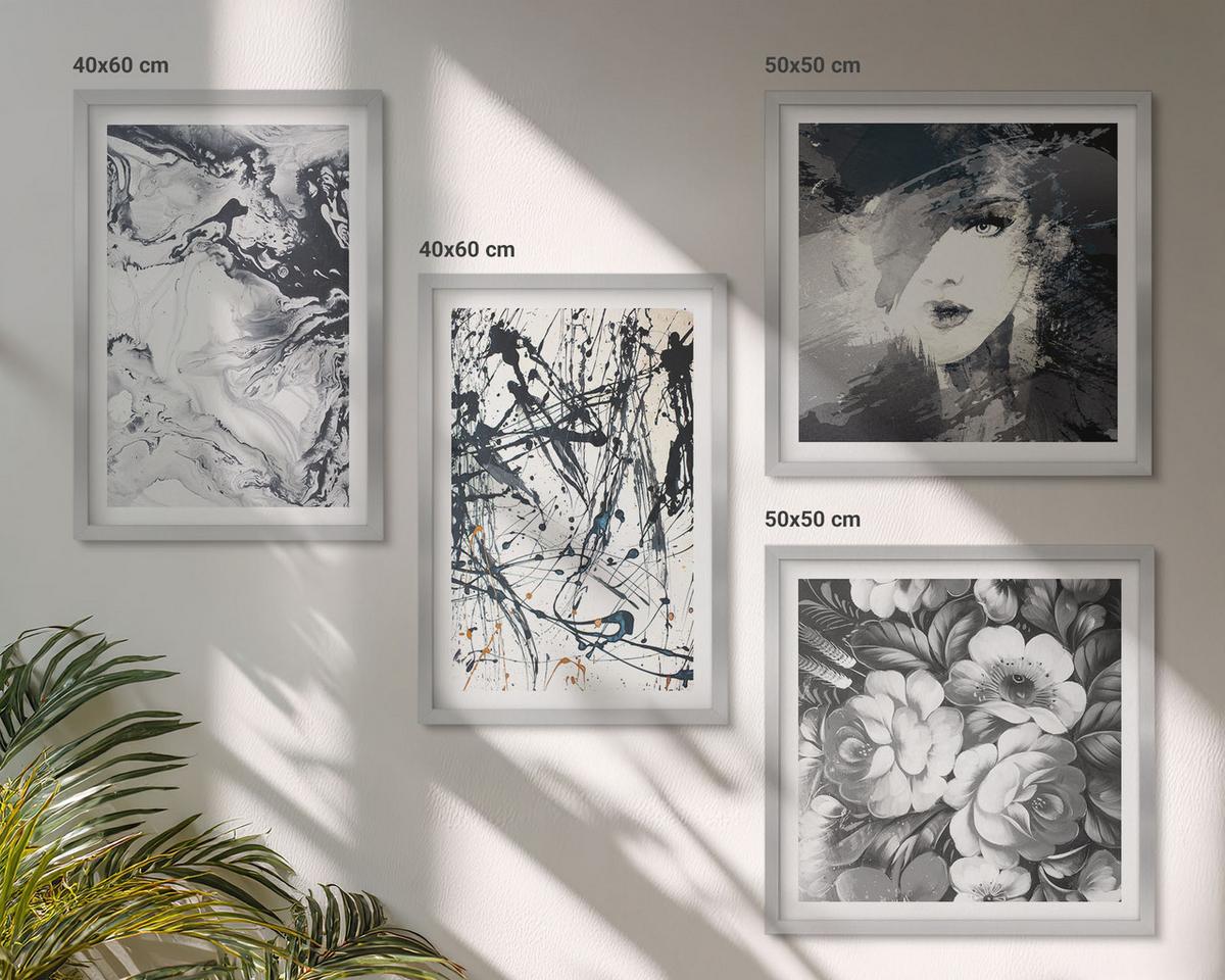 BILDER SET 4er Set - 50x50 cm & 40x60 cm Silberner Rahmen - Abstrakte schwarz-weiße Muster - Silberfarben, Kunststoff (50/50cm) - TULUP